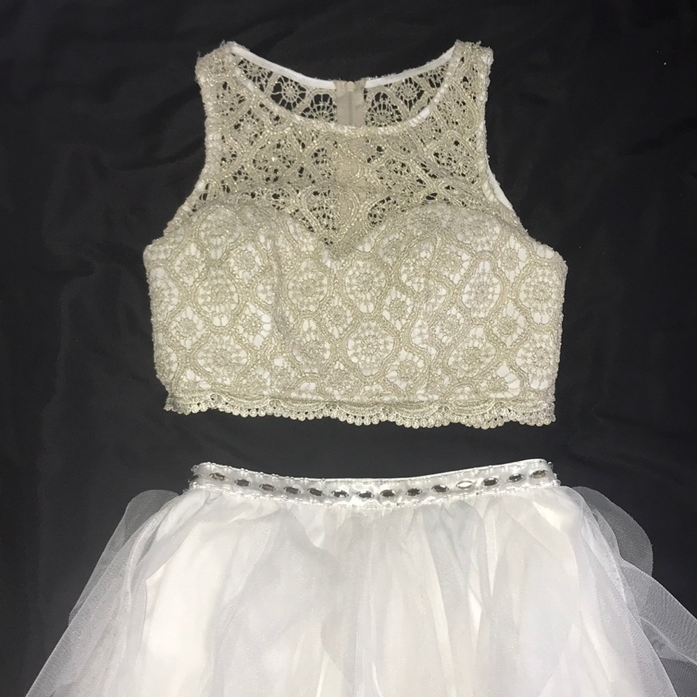 White + Beige Sparkle Two Piece Homecoming Dress
